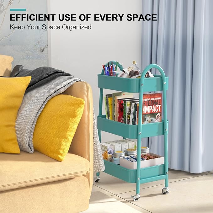EAGMAK 3 Tier Utility Rolling Cart, Metal Storage Cart with Handle and Lockable Wheels, Multifunctional Storage Organizer Trolley with Mesh Baskets for Kitchen, Living Room, Office, Garage (Turquoise)