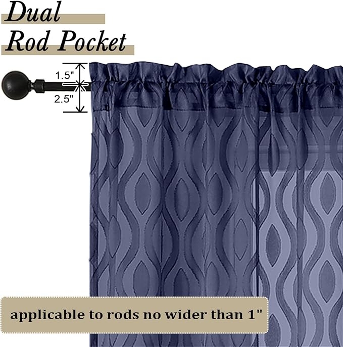 Aiyufeng Blue Sheer Curtains 63 Inch Length 2 Panels Set, Airy Light Filtering Solid Clip Jacquard Farmhouse Curtians for Bedroom Living Room, Modern Wavy Line Panel Curtains, 40" WX63 L Inches