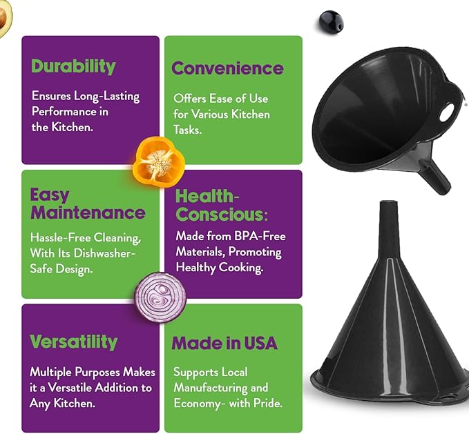 Crisp 2-Piece Funnel Set - All Purpose Funnels for Kitchen Use Filling Bottles - Durable & Dishwasher Safe Kitchen Funnel Set - Made in The USA - Black