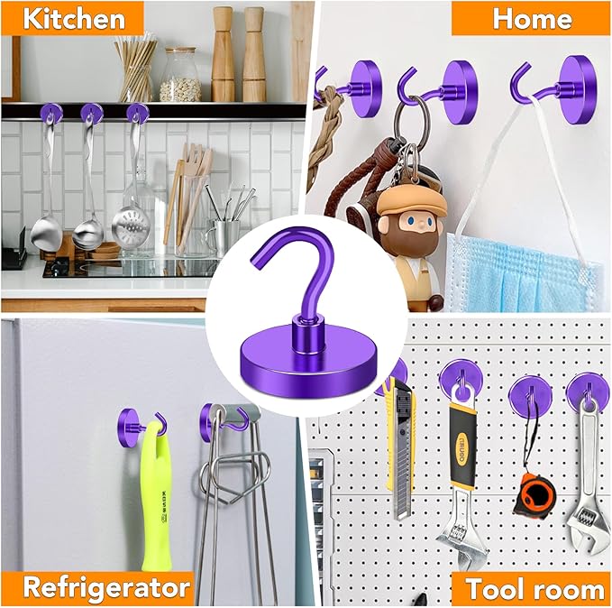 MIKEDE Magnetic Hooks,150LB Heavy Duty Magnets with Hook for Fridge, Strong Magnet Neodymium Industrial Hooks Hanging, Hanger Toolbox, Cruise(Purple, 10 Pack)