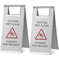 Kigley 2 Pcs Wet Floor Sign, 17 Inch Stainless Steel Caution Wet Floor Sign Double Sided Portable Foldable Bilingual Safety Warning for Hotel Market Restroom Restaurant Office (Silver)