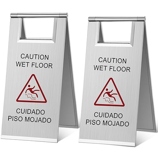 Kigley 2 Pcs Wet Floor Sign, 17 Inch Stainless Steel Caution Wet Floor Sign Double Sided Portable Foldable Bilingual Safety Warning for Hotel Market Restroom Restaurant Office (Silver)