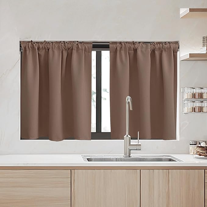 RYB HOME Kitchen Window Curtains - Blackout Privacy Half Window Curtains for Bedroom Bathroom Dining Living Room Cafe Office Short Tiers Drapes, W 34 x L 36 inches, 2 Panels, Mocha