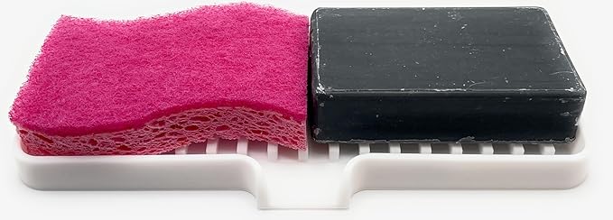 Happitasa Silicone Soap Dish Tray and Sponge Holder with Drain Chute | Bathroom and Kitchen Sink Organizer Caddy (White, 9"x3.5", 5.6 Ounces)