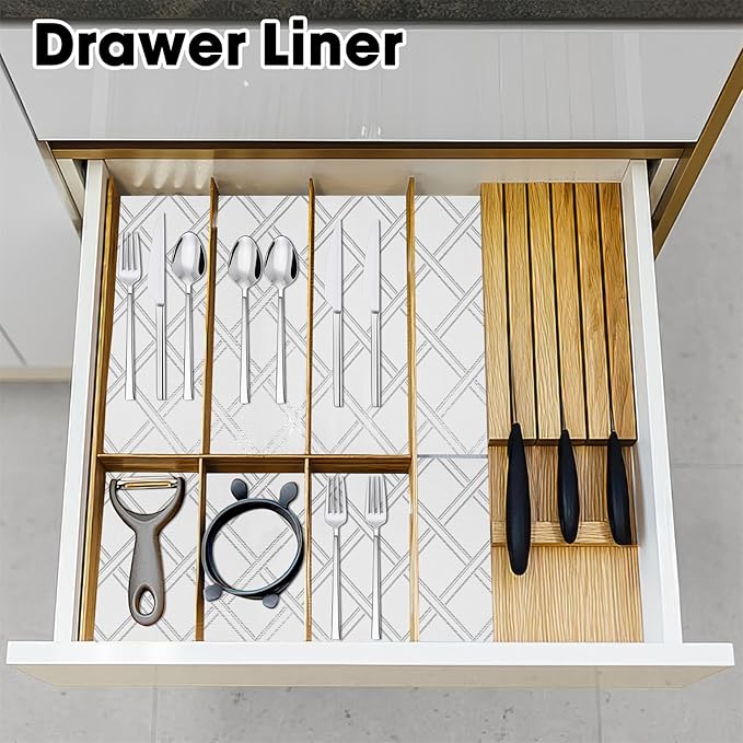 Drawer and Shelf Liners for Kitchen Cabinets Non-Adhesive Cabinet Liners Strong Grip Non Slip Waterproof Contact Paper for Cabinets and Drawers Shelves Cupboard,Silver Geometric,12IN X 20FT
