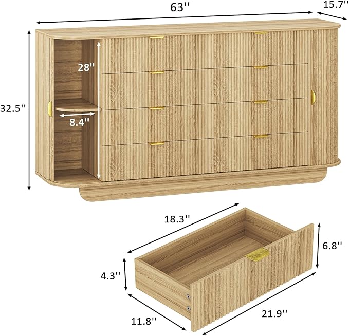 63" Tambour Dresser for Bedroom with 8 Drawers, Modern Chest of Drawers with Sliding Doors & 4 Shelves, Fluted Dresser Storage Organizer for Bedroom, Closet, Living Room(Natural)