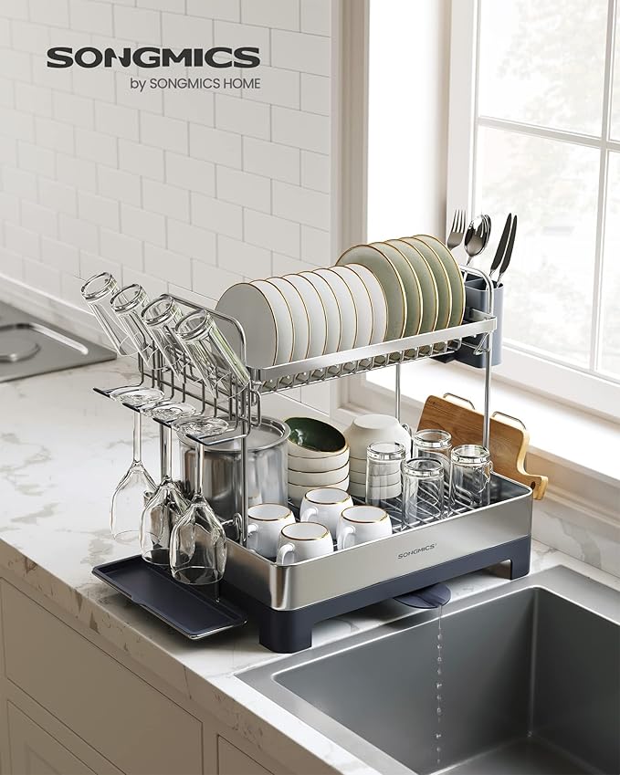 SONGMICS Dish Drying Rack - 2 Tier Dish Rack for Kitchen Counter with Rotatable and Extendable Drain Spout, Dish Drainer with Utensil, Cup, Glass, Cutting Board Holders, Silver and Gray UKCS032E01