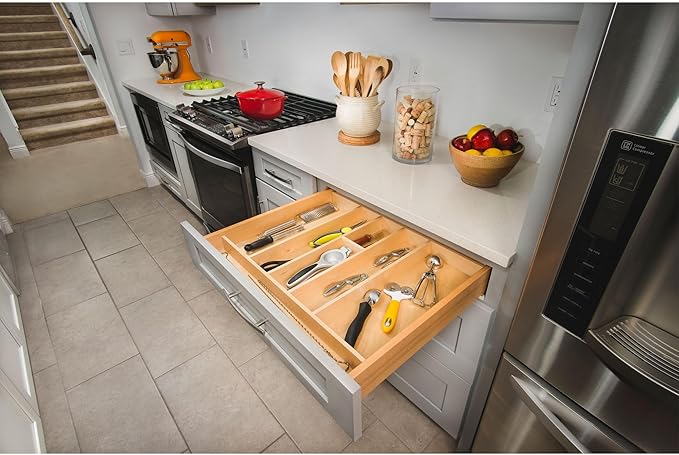 Rev-A-Shelf Trim-to-Fit Silverware Drawer Organizer For Kitchen Utensils, Cutlery Cabinet Storage Divider Insert, 18.5X22 X 2 7/8" D, Maple Wood, 4WUT-1
