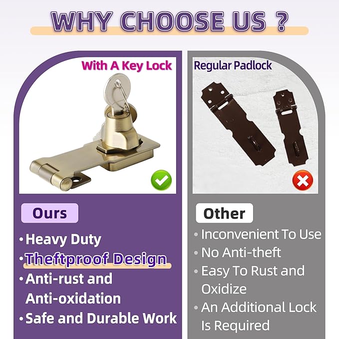 Alise Keyed Hasp Lock,3 Inch Safety Packlock Clasp Hasp Lock Latch with Lock,Door Hinge Lock with Keys Keyed Locking Hasp for Cabinets Closets Doors,Bronze
