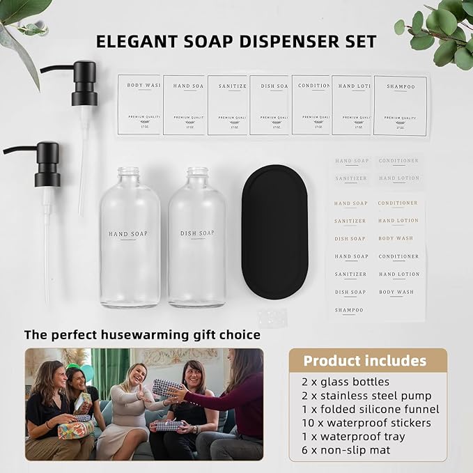 Glass Soap Dispenser - Dish Hand Soap Dispenser for Kitchen, Bathroom Soap Lotion Dispenser with 304 Rust Proof Pump, Tray, Clear Bottle/Black Pump
