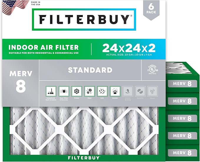 Filterbuy 24x24x2 Air Filter MERV 8 (MPR 700) Dust Defense Replacement (6-Pack), Electrostatic Pleated HVAC AC Furnace Filters, Made in USA (Actual Size: 23.38 x 23.38 x 1.75)