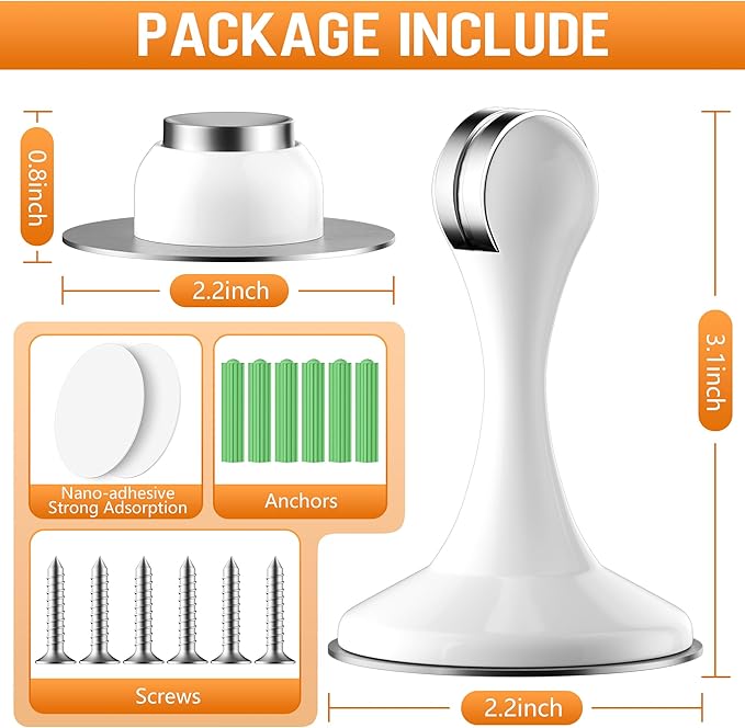 Crosize Magnetic Door Stoppers 4 Pack, Stainless Steel Door Catch for Wall and Floor Mounting, Door Holder Keep Door Open, No Drilling Door Stop with Adhesive Tapes, White