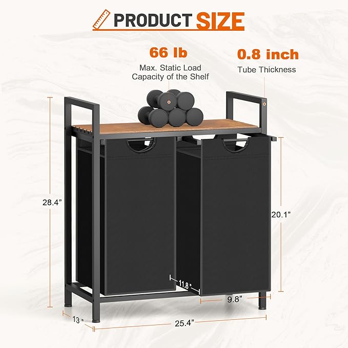 Laundry Hamper, Laundry Sorter with 2 Pull-Out Removable Oxford Fabric Bags Cloth Laundry Basket 2 x 10 Gallons (Black and Rustic Brown)