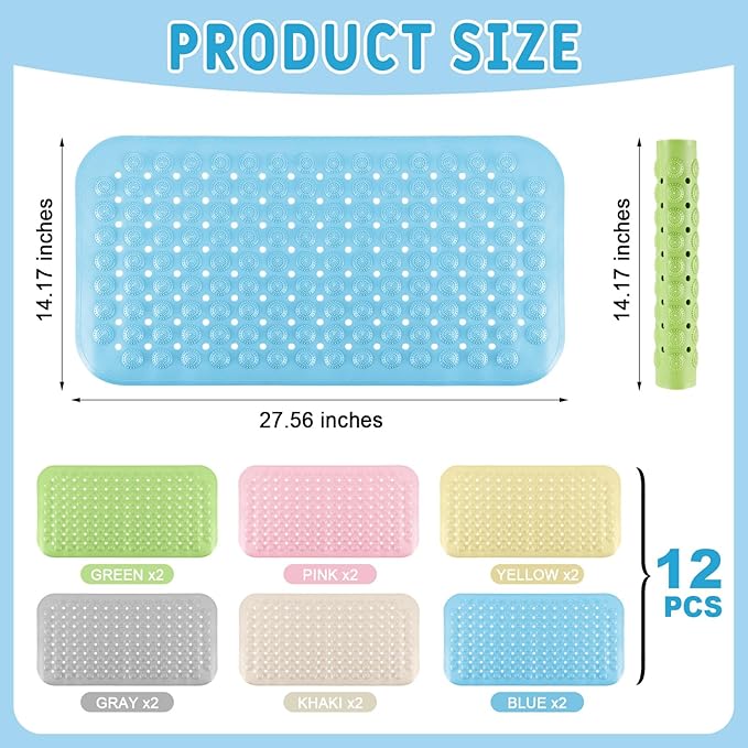 Dunzy 12 Pcs Non Slip Bath Mats 27.6x14.2 Inches TPE Bathtub Mats with Suction Cups Drain Holes Textured Surface Anti Slip Shower Pad for Bathroom Tub Adults Elderly Home Hotel