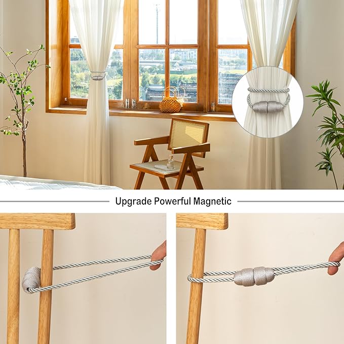 Magnetic Curtain Tiebacks Rope Curtain Tie Backs for Curtains 6 Pack Curtain Holders for Drapes Decorative Window Curtain Holdbacks, Grey