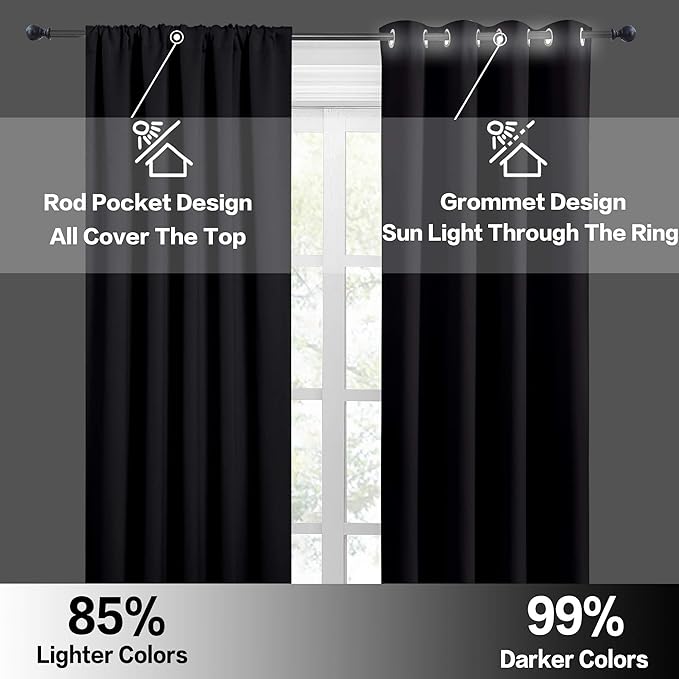 RYB HOME Bedroom Blackout Curtains - Black Curtains Solar Light Block Insulated Drapes Energy Saving for Bedroom Dining Living Room, 42 x 45 inches Long, Black, Set of 2