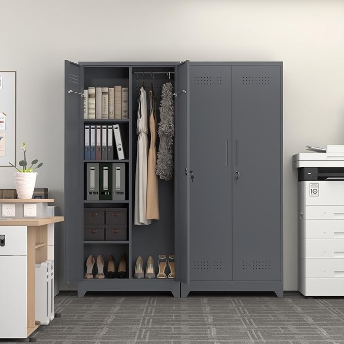 Metal Tool Storage Cabinet, Broom Closet with Hooks, 72.8" Tall Garage Cabinet with Shelves, Heavy-Duty Cleaning Storage for Utility Room, Gym, Office, Garage
