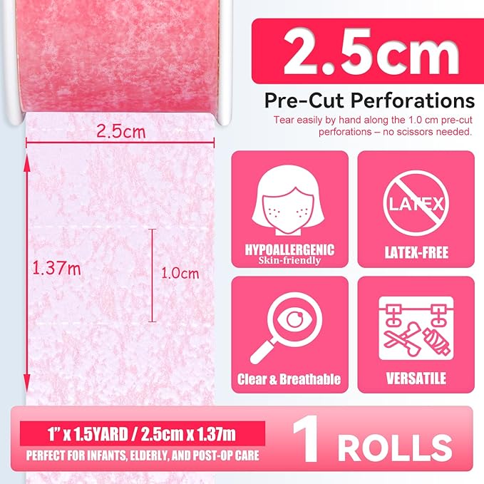 FRESINIDER Silicone Tape 1" x 1.5 Yard Pink 2 Rolls for Sensitive Skin, Pre-Cut Waterproof Medical Tape, Gentle Adhesive for Wound Care, Surgical Sites, Infants and Elderly
