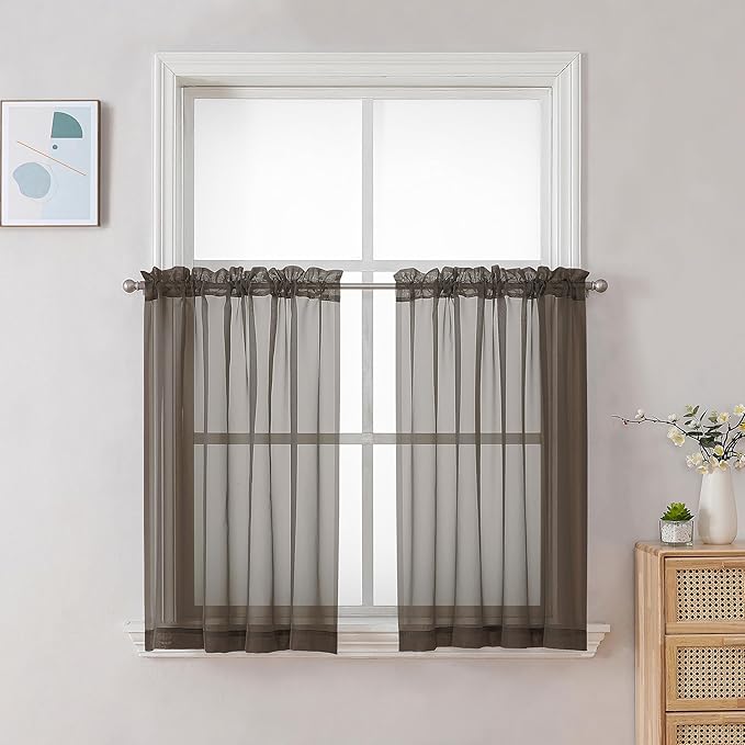 Chyhomenyc Chocolate Brown Sheer Curtains 30 inch Length 2 Panels, Light Filtering Voile Rod Pocket Short Window Curtians for Bathroom Living Room Farmhouse Small Windows, 42Wx30L inches