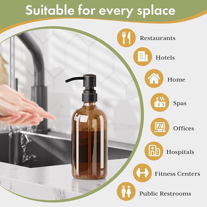 AmazerBath Amber Glass Soap Dispensers, 2 Glass Amber Pump Bottles, 17 Oz Dish Soap Dispenser, Kitchen Bathroom Hand Soap Dispensers for Hand Sanitiser, Shampoo, Lotion, Shower Gel Conditioner