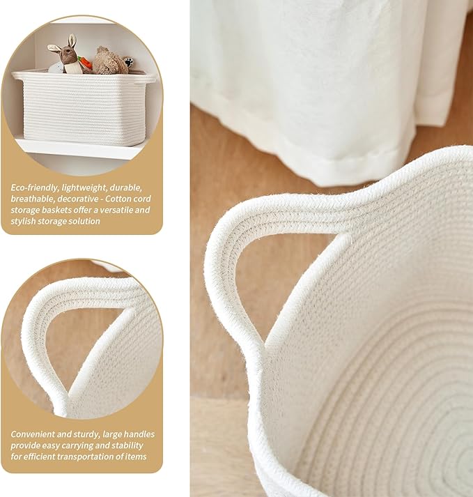 Cotton Rope Storage Basket 15"x10"x9" – Fabric Storage Bins for Organizing Clothes,Toys,Blankets – Durable Woven Storage Basket for Closet, Shelf & Living Room