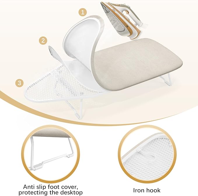 Small Ironing Board Tabletop with Heat Resistant Cover, Compact Mini Ironing Board with Metal mesh Frame, for dorms, aprtment and Travel, Hook for Hanging, Iron Board 30x12, Iron Table Stand Beige