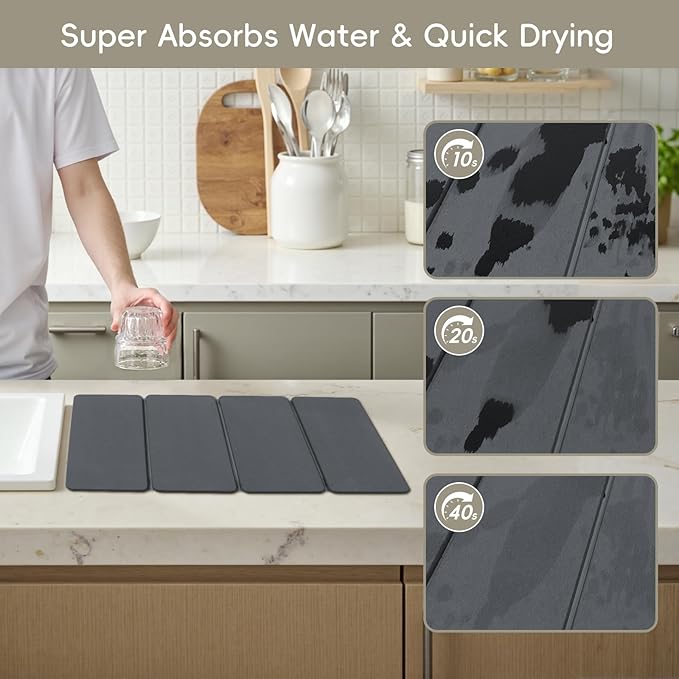 Small Stone Dish Drying Mat for Kitchen Counter, HQAUT 16"×12" Collapsible Quick Drying Dish Mats, Super Absorbent Diatomaceous Earth, Non-Slip Sink Mat for Countertop Dishes, Easy to Clean