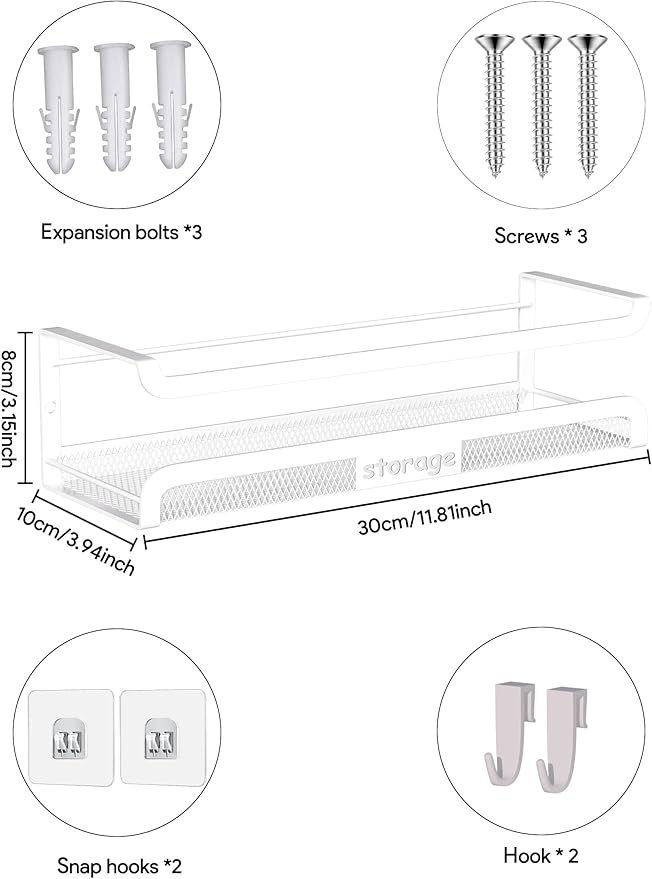 Spice Rack Wall Mount with Hooks - Spice Racks Organizer for Cabinet Storage, Wall Mounted Hanging Shelf Seasoning Organizer, for Kitchen, Pantry Door, Bathroom (White, 1 Pack)