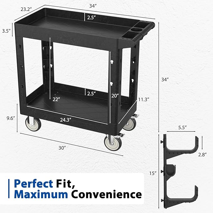 Heavy Duty Rolling Utility Cart with Wheels 2-Tier Utility Plastic Service Work Cart for Shop, Garage, Warehouse, Maintenance 550 lbs