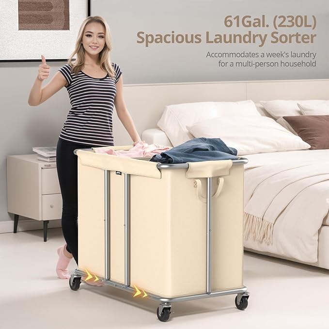 230L Rolling Laundry Hamper, 2-Section Laundry Basket with Wheels, 61 Gallons Laundry Sorter with Metal Structure and Removable Liner, Clothes Hamper for Laundry Room, Bathroom, Bedroom, Beige