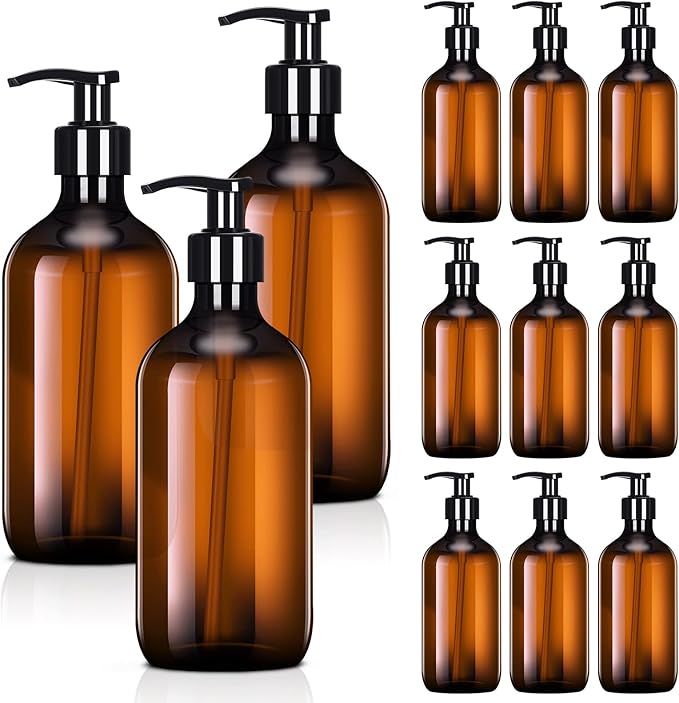 Tessco for you 12 Pack Amber Soap Dispenser Empty Plastic Pump Bottles Dispenser Refillable Shampoo Container for Hand Sanitizer Soap Lotion Body Wash Conditioner Bathroom Kitchen Travel(8.5 oz)
