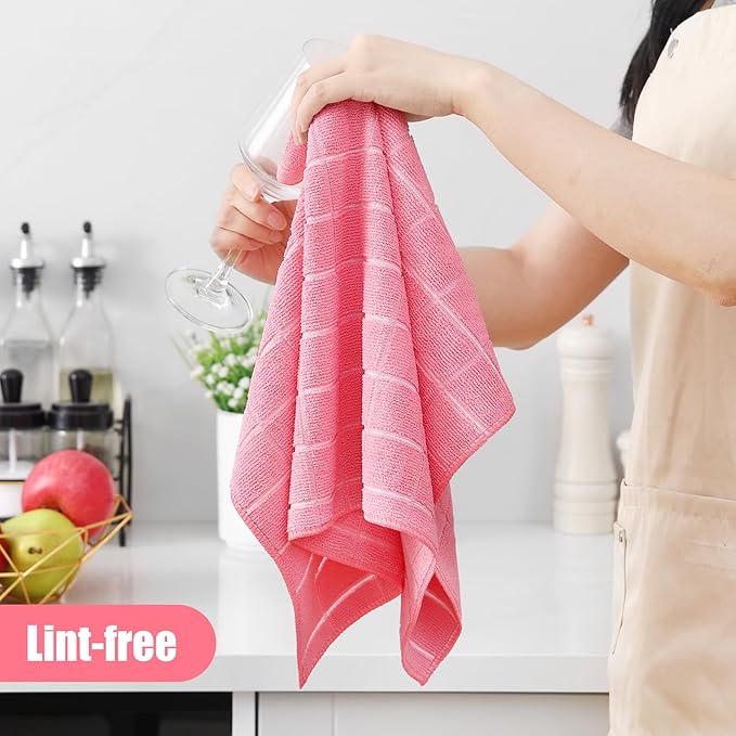 Homaxy Microfiber Kitchen Towels and Dishcloths Set, 16 Pack Soft and Absorbent Dish Hand Towels Bulk, 28 x 16 Inch & 12 x 12 Inch Quick Drying Rags for Washing Dishes, Pink