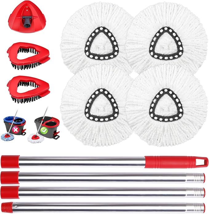 Mop Heads Replacements Complete Combo for O-Ceda,4Pcs White Machine Washable Microfiber Spin Mop Refills Replace Heads,2 Scrub Brushs,1 Base,1 Set Handle,Spin Mop Replacements for Tub and Tile