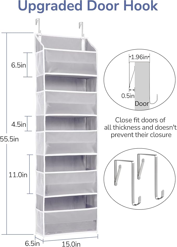 ULG 1 Pack Over Door Organizer with 5 Large Pockets 10 Mesh Side Pockets, 44 lbs Weight Capacity Hanging Storage Organizer with Clear Window for Kids Toys, Shoes, Diapers, Grey, 5 Layer