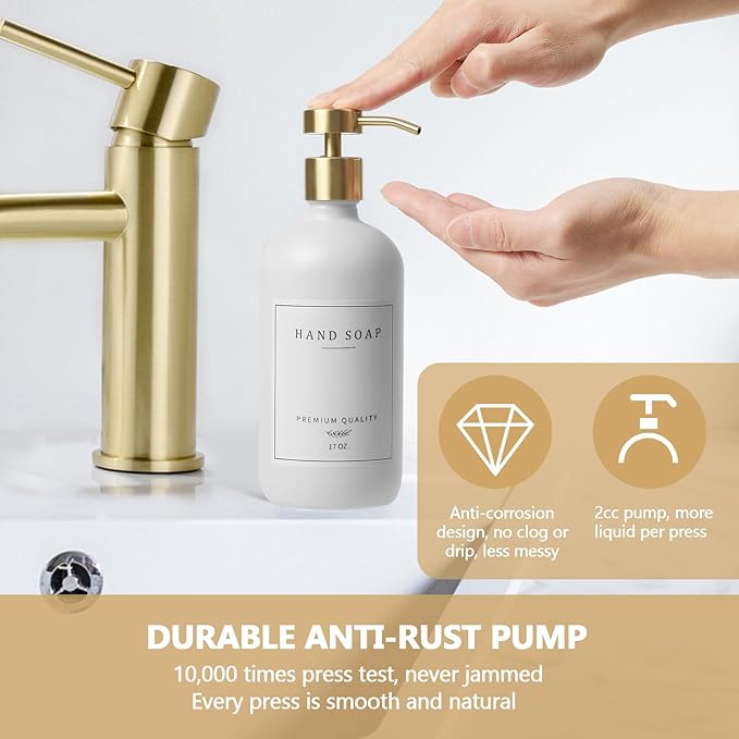 Soap Dispenser Bathroom - Kitchen Dish and Hand Soap Dispenser Set, Glass Bathroom Soap Lotion Dispenser with Pump, Tray, 14 Waterproof Labels, Set of 2 White Bottle/Gold Pump-pd
