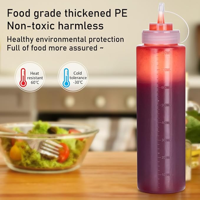 Squeeze Bottles for Sauces 2 Pack, 27 Ounce 800ml Plastic Dressing Squirt Bottles with Cap Lids, Condiment Bottle for Liquids BBQ Dressing Pancake Art Dispenser