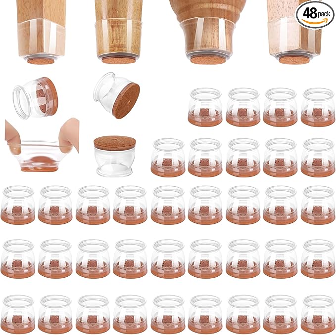 CHUNZEXI 48 Pack Chair Leg Floor Protectors for Hardwood Floors, Silicone Felt Covers Pads Caps, Protect Wood Furniture Feet Floors Noise Reduce and Scratch (Universal Large & Clear)
