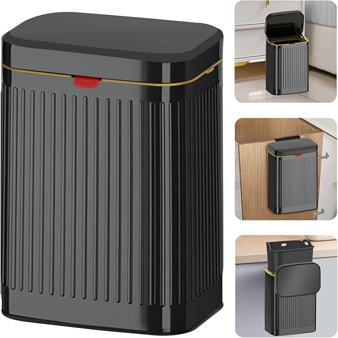 GloDeals Kitchen Hanging Trash Can with Lid, 2.1Gal/ 8L Stainless Steel Trash Can Compost Bin Counter Top, Wall-Mount Indoor Kitchen Trash Bin for Cabinet, Under Sink, Bathroom (Black)