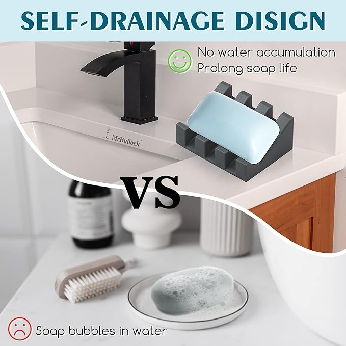 Silicone Soap Dish for Bar Soap Holder for Shower Bathroom Self Draining Waterfall Drying Tray Keep Soap Bars Dry Clean & Easy Cleaning (Grey/Pink, 2)