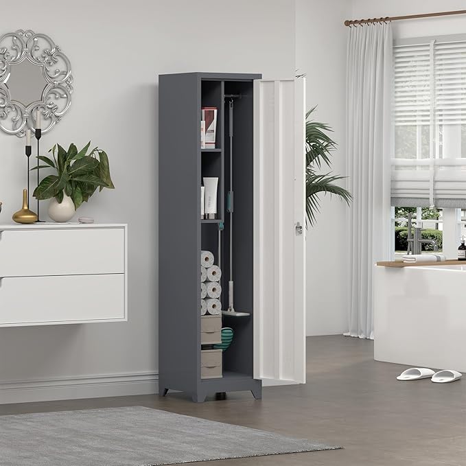 Metal Broom Storage Cabinets, Narrow Cabinet with Hooks, 65" Slim Bathroom Storage Cabinet with Shelves, Heavy-Duty Cleaning Cabinets for Utility Room, Gym, Office, Garage
