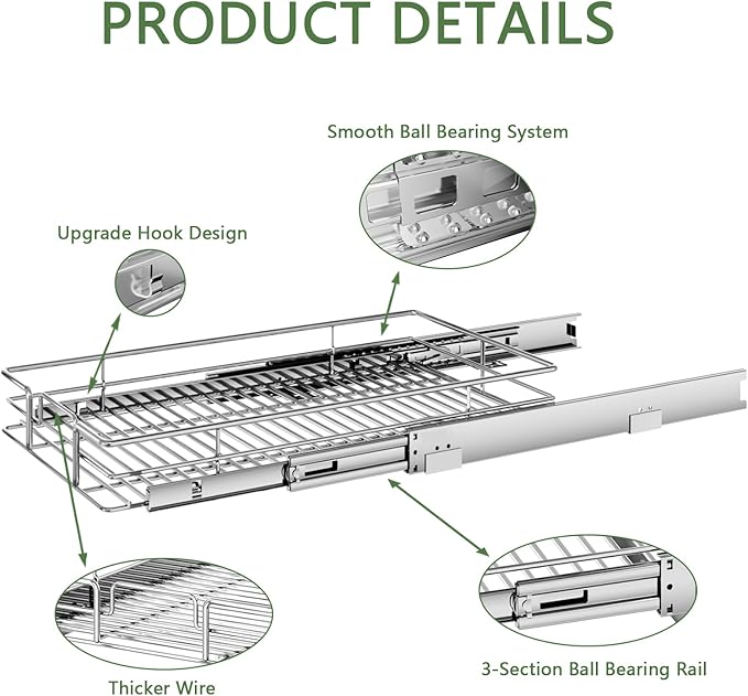 Pull Out Cabinet Organizer 10½" W x 18" D, Heavy Duty Cabinet Pull Out Shelves, Slide Out Drawers Organization for Kitchen Cabinets Bathroom