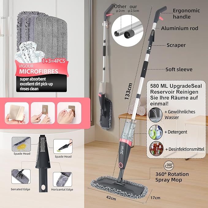 Microfiber Spray Mop for Floors Dry and Wet Mop with Dusting 360 Rotation for Kitchen, Hardwood, Laminate, Tile Floors Includes 4 Refill Heads, Scraper, Holder & Spray Bottle