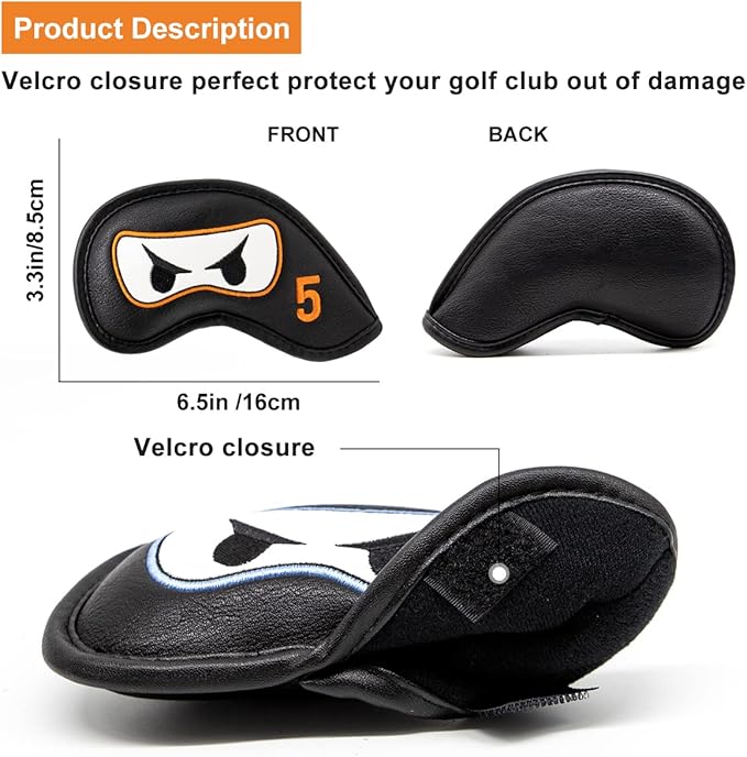 Premium Leather Golf Club Iron Covers - 10pcs/Set Wedge & Iron Headcovers with Velcro Closure