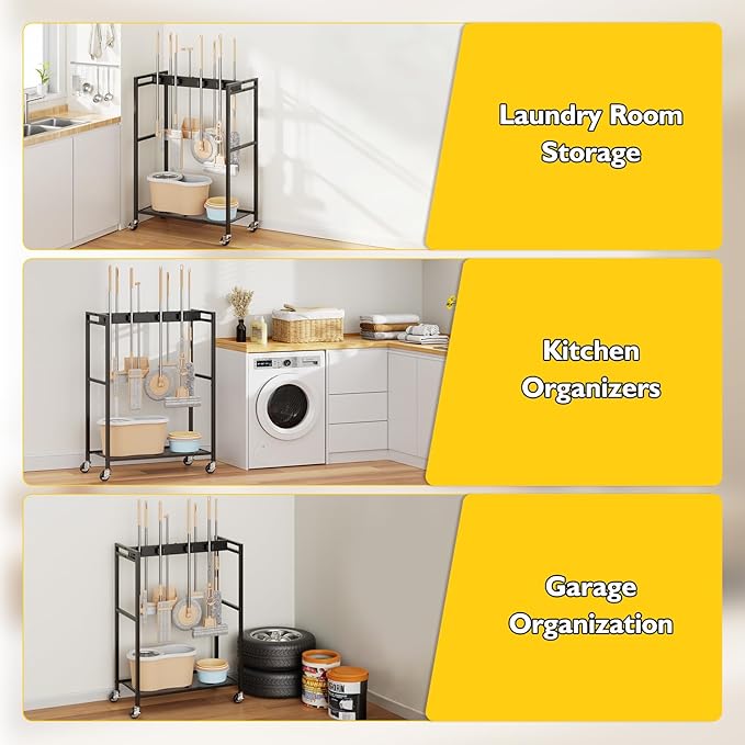 BORISI Broom And Mop Holder, Movable Broom Closet Storage Cabinet, Cleaning Cart with Mop Hanger Gripper Rack, Janitorial Cart, Utility Carts, Laundry Room Organization Home Essentials