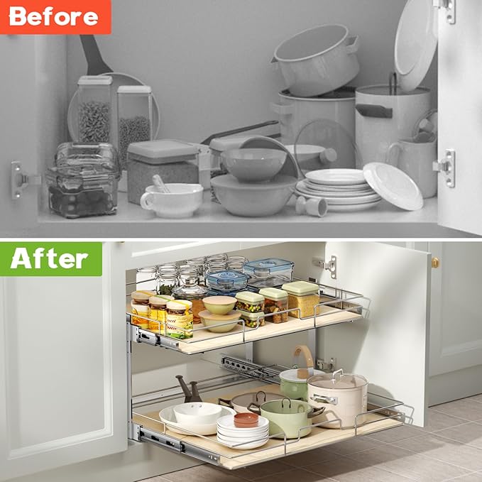 ROOMTEC 2 Tier Individual Pull Out Cabinet Organizer 19½"W x 21½"D, Slide Out Wood Shelves Organizers, Pull Out Drawers Organization and Storage for Kitchen Cabinet