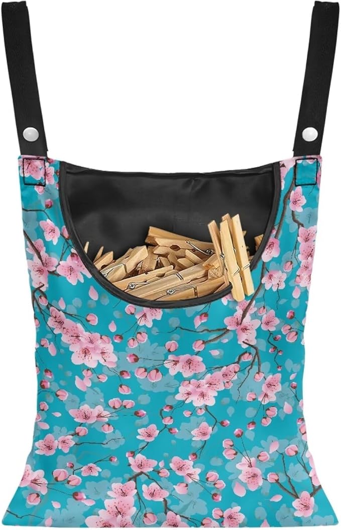 Cherry Blossom Clothespin Pouch Clothespin Bag with Hanging Hook Waterproof Clothes Pin Hanging Bag Space-Saving Clothespin Storage Organize Clothespin Bag for Clothesline Outdoor, 1 Pack