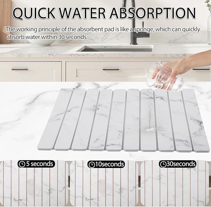 Stone Drying Mat for Kitchen Counter 24"×16" ,Large Dish Drying Mat with Drainage Grooves, Non-Slip Silicone Drying Mat, Absorbent Counter Protector for Dishes, Utensils