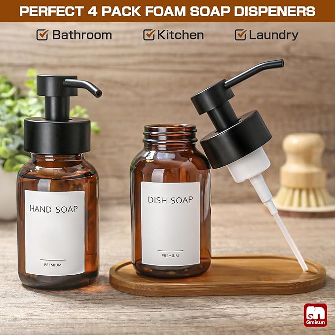 GMISUN Foaming Soap Dispenser, 4 Pcs 8.5 Fl oz Amber Glass Foam Hand Soap Dispenser for Bathroom & Kitchen, Refillable Hand Soap Foam Dispensers, Modern Amber Glass Pump Bottle with Waterproof Labels