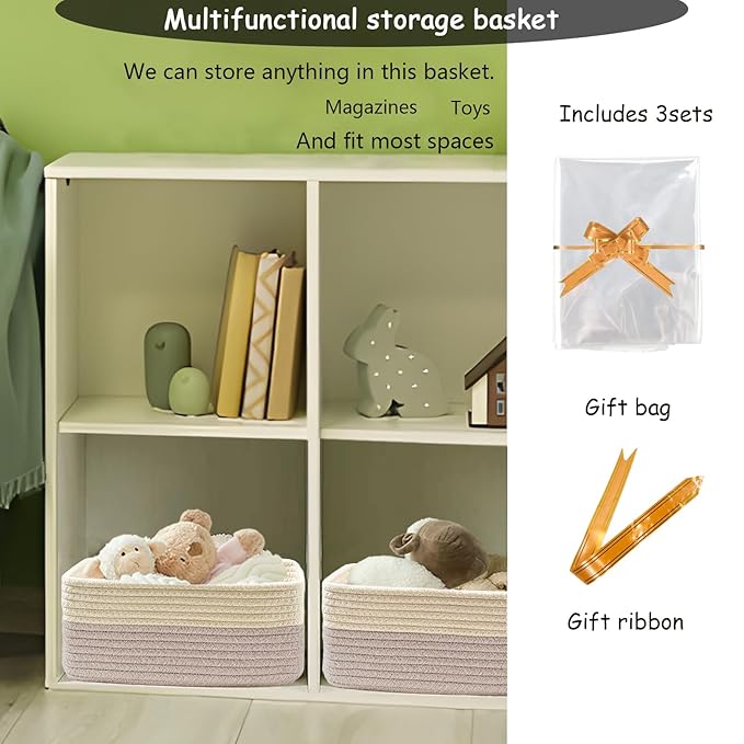 COMFY-HOMI 13" x 8.5" x 5.1" Storage Baskets for Organizing | Cotton Rope Woven Basket | Toy Storage Bin Box | Basket for Shelves, Closet Organizer Bin, Decorative Closet Shelf, 3 Pack, beige brown