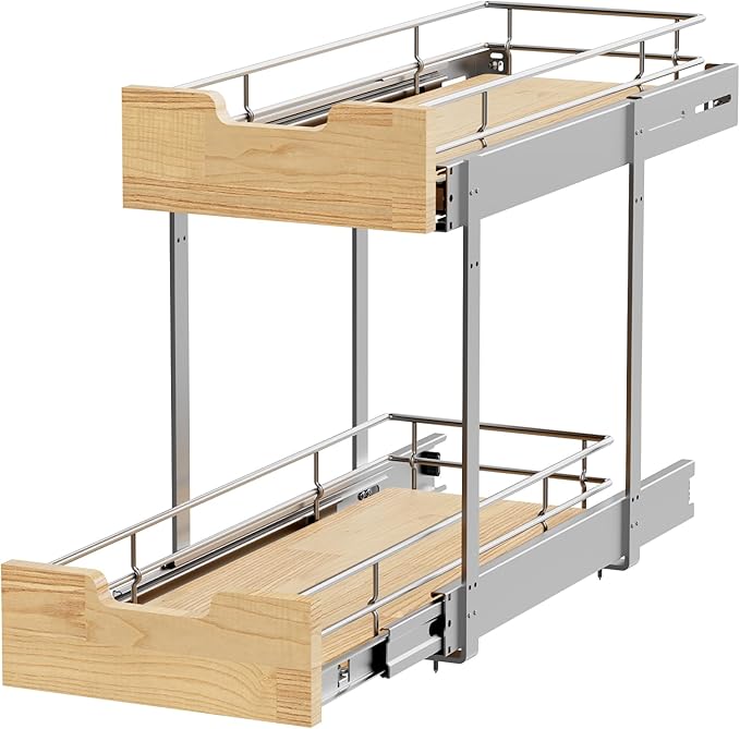 Pull Out Cabinet Organizer,Heavy-Duty Slide Out Shelf, Wood and Wire Basket, Pull Out Drawer for for Kitchen Under Sink Space, Pantry, Bathroom, 2 Tie 9 * 21 in